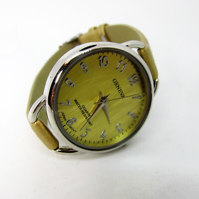 Geneva Silver Tone Gold Bezel Gold Faux Leather Band Watch With New Battery