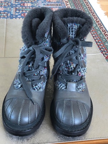 Chanel 2015 B Tweed Leather Lace Up Combat Boots Gray Size 38 Box Dust Bags