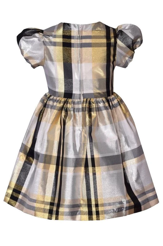 NUEVO Vestido Bonnie Jean Niña Talla 4T "TAFETÁN A CUADROS DORADO PLATA" Navidad Lazo Nuevo con Etiquetas Foto 2 de 3