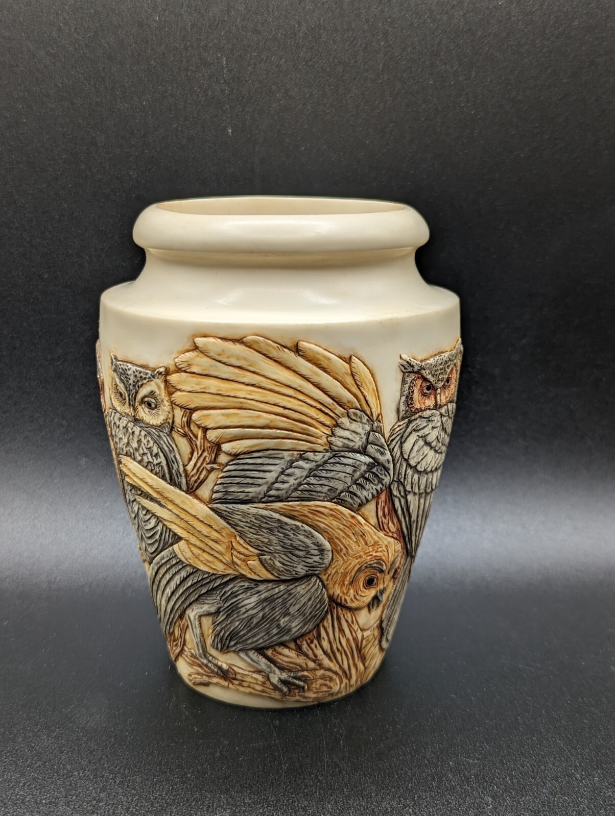 Harmony Kingdom Jardinia Pottery Night Watch 2003 Carved Owl Birds Vase