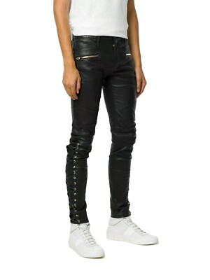 Men's Genuine Lambskin Leather Stylish Pant Side Laced up Leather Black Trousers