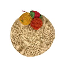 Mar Y Sol Tan Straw Raffia Fruit Embellished Round Zip Up Clutch Handbag