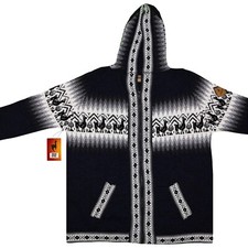 MEN HANDMADE ANDEAN ALPACA NAVY BLUE ZIP HOODIE SWEATER SZ M