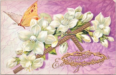 Easter Greeting- Holy Cross /Embossed/Flowers/ Crown/ Butterfly  Postcard