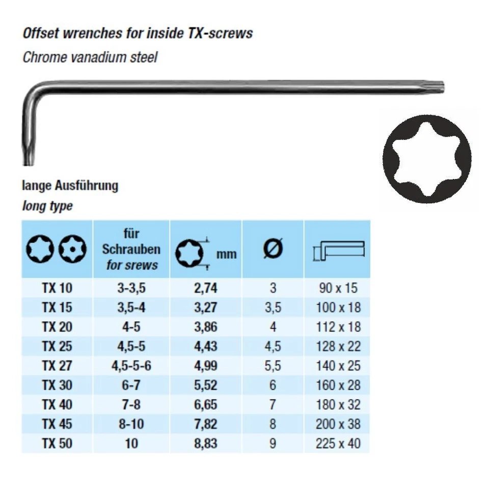Torx Key T50 Solid Wrench Star Key LONG Double Ended L-Shaped Allen Key 6060 - Image 2 of 2