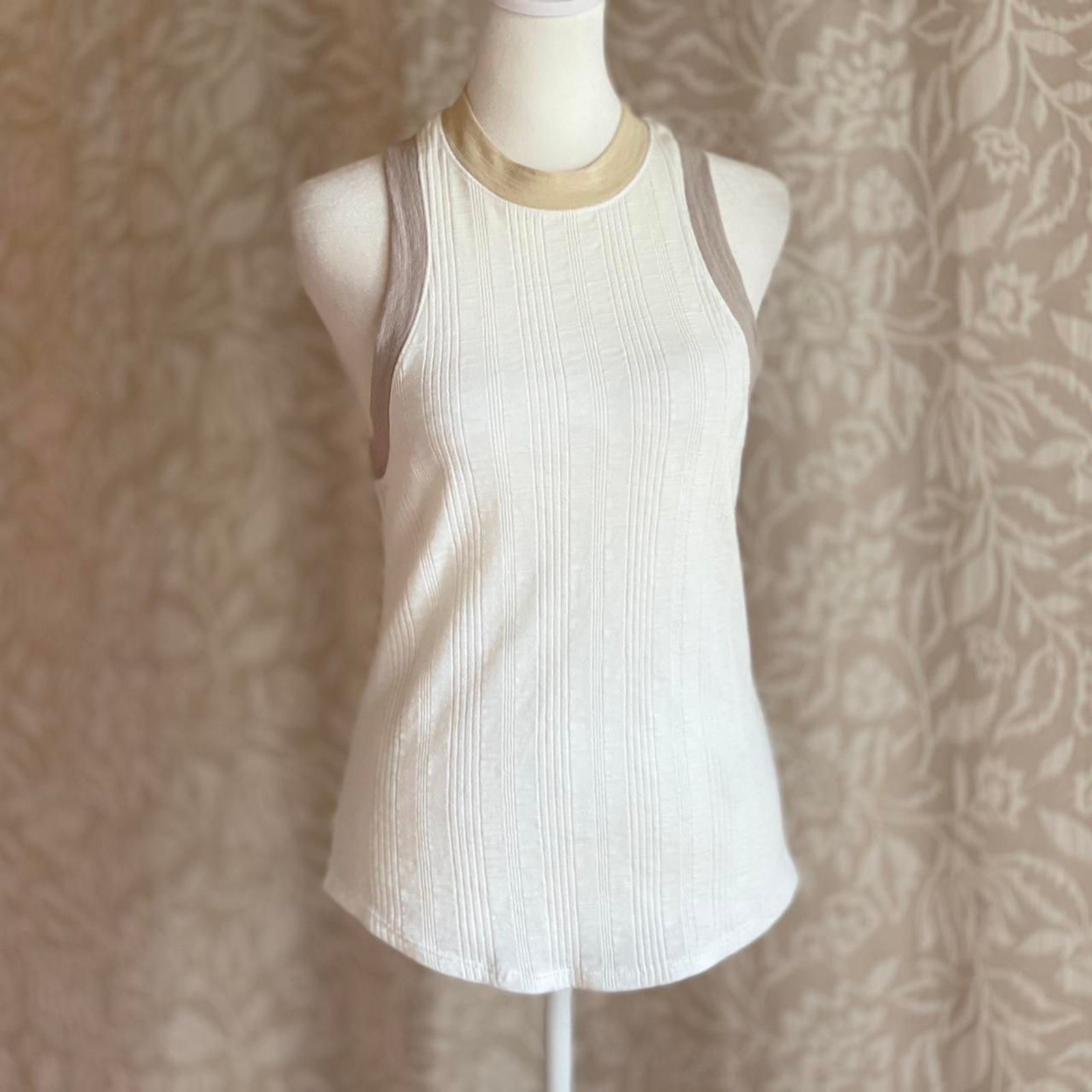 NWT Free People We The Free Basic White Ribbed Tank Top Tan Trim Stretch Size M