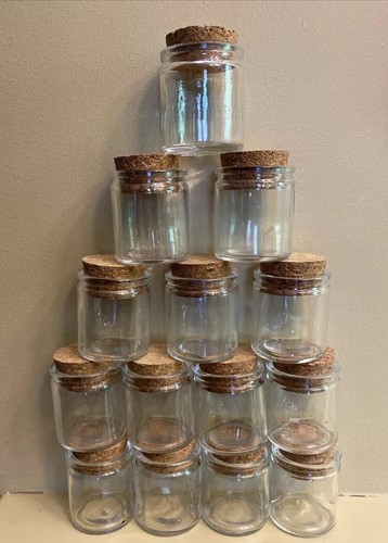 14 GLASS STORAGE JARS POTS CORK TOPS .25 Cup Capacity Spice Craft Containers