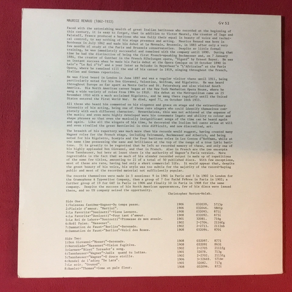 Maurice Renaud - Maurice Renaud  *MONO:Rubini Records ‎– GV 52 *Vinyl (NM-) copy - Image 4 of 4