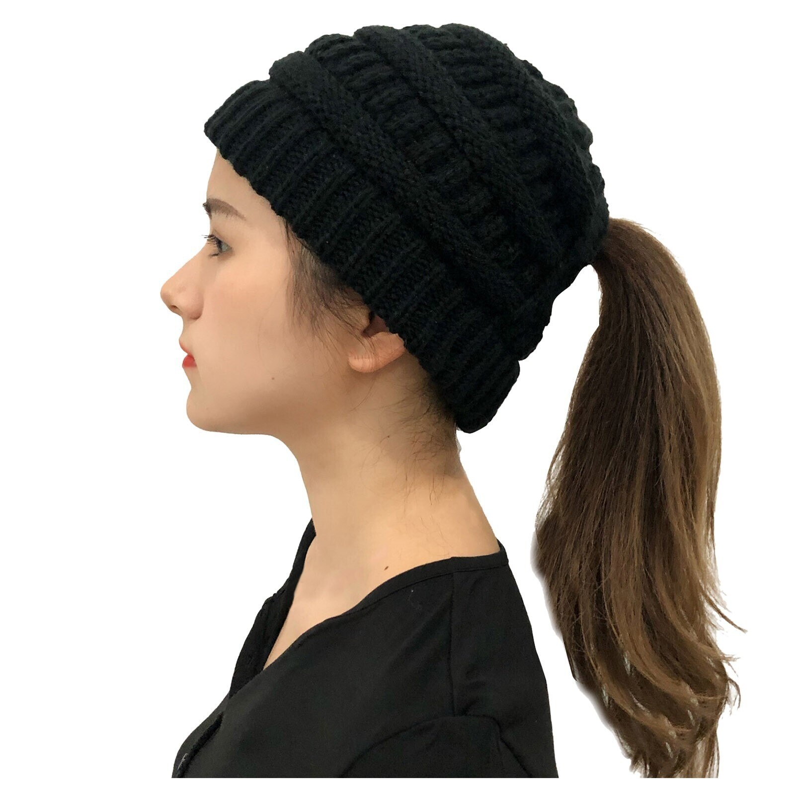 Cappello elasticizzato nero donna coda di cavallo disordinato panino berretto coda di pony invernale lavorato a maglia US