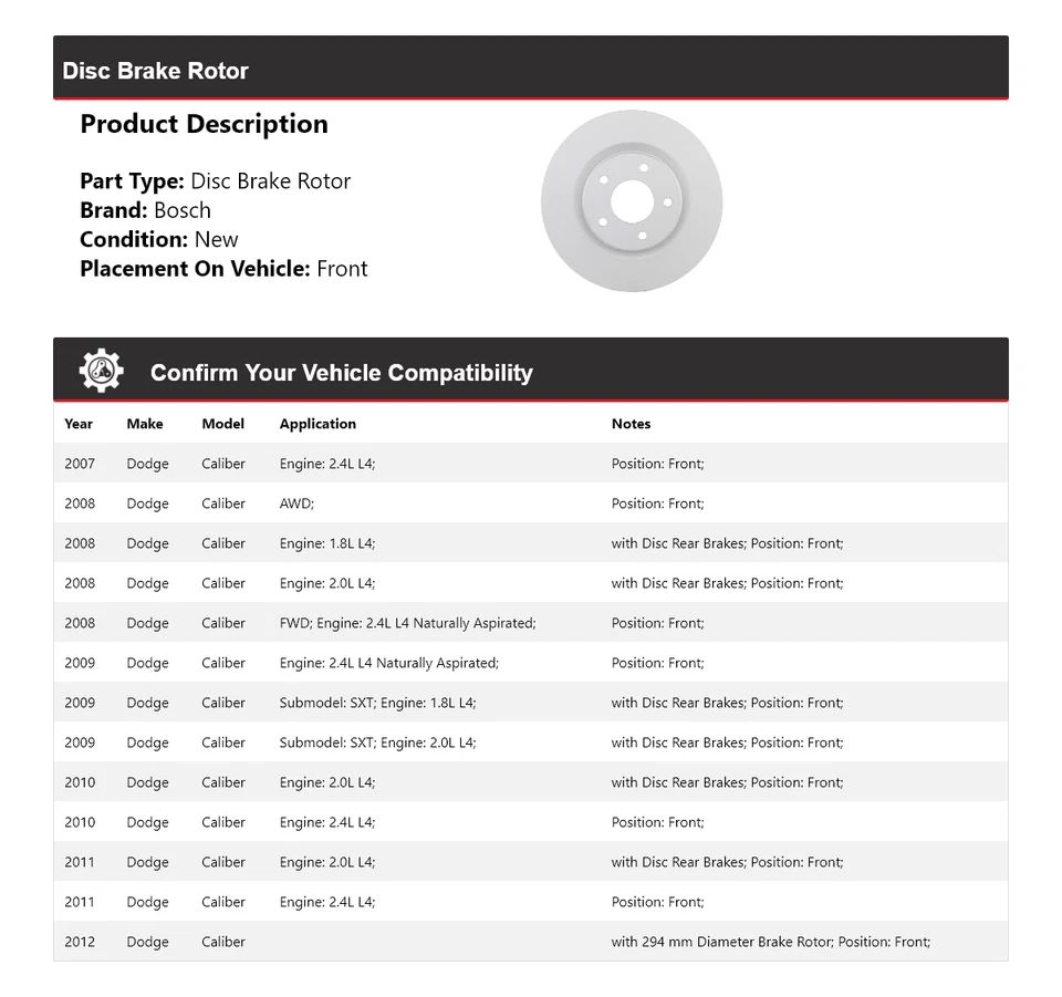 Rotor de freno de disco delantero para Dodge Caliber Bosch QuietCast 2007-2012 2008 2009 Foto 2 de 4