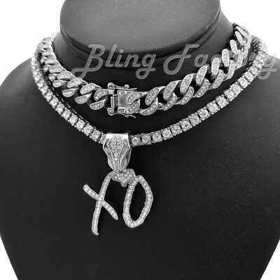 XO Gang pendant & 18'' Iced Box Lock Cuban & Tennis Choker Chain Hip Hop Necklace