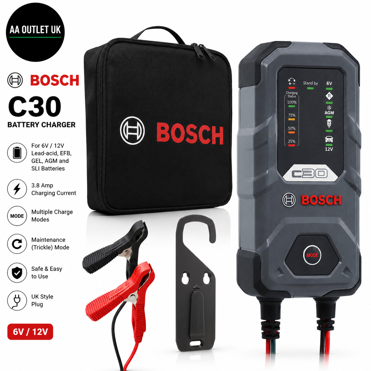 Bosch C30 Battery Charger 3.8 Amps Trickle Function 6V 12V Lead Acid EFB GEL
