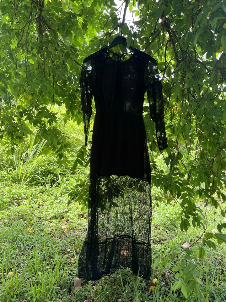 BCBG Black Lace Dress Sheer Long Sleeve Nylon Cut Out Goth Maxi Women’s 2 - Image 2 of 4