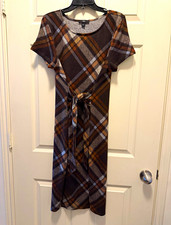 R&K Originals Plaid Fit & Flare Midi Dress Cap Sleeve Belt Stretch Knit L
