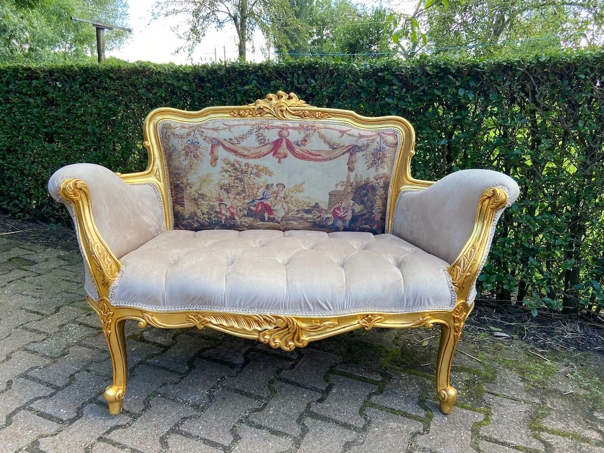 Sofa Couch Louis XVI Beige Velvet Settee Gold French Style Scenic Backrest