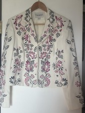 White Cropped Blazer W/ Bold Navy Pink Floral Pattern business officeapparal