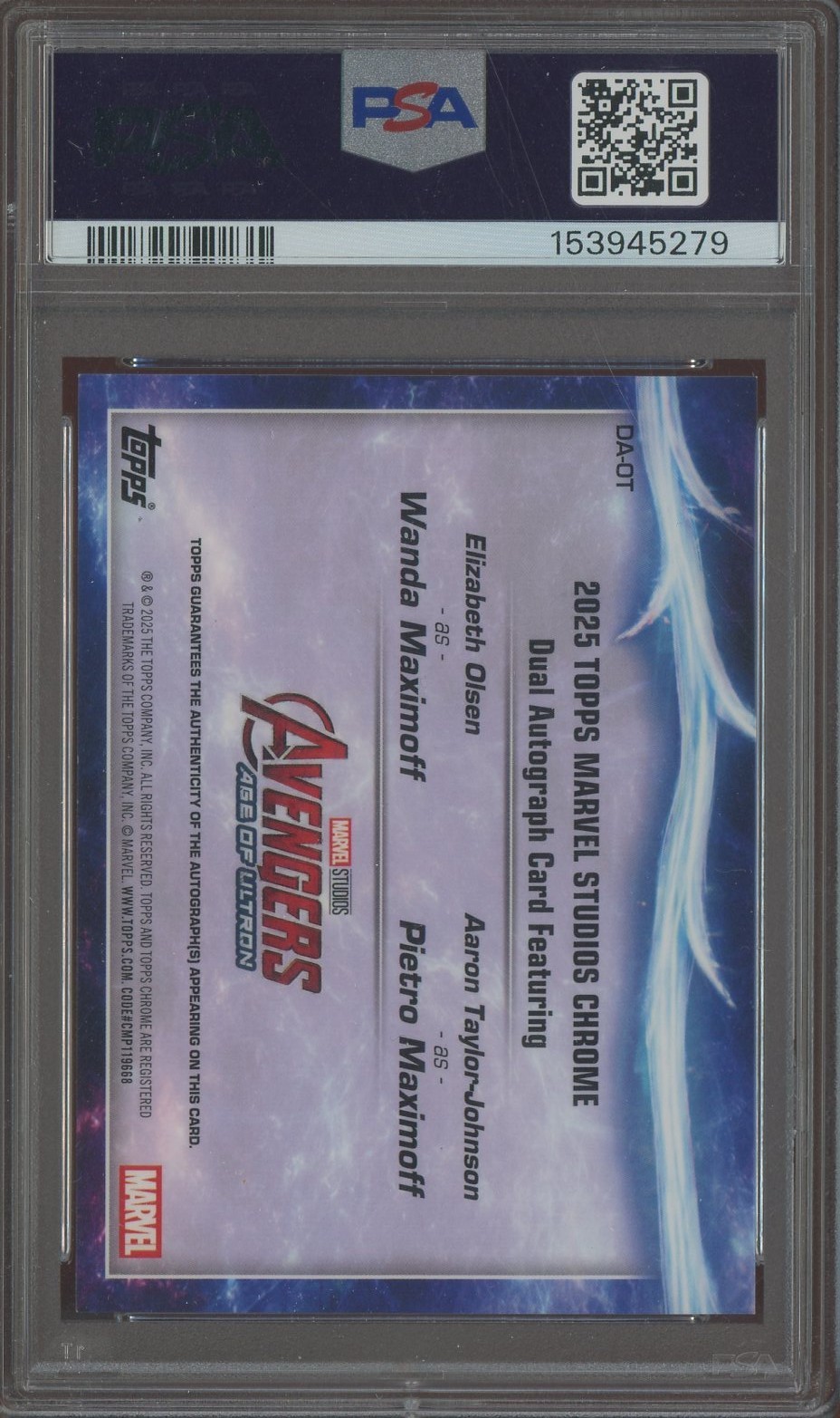 2025 Topps Chrome Marvel Studios Sapphire Olsen Taylor-Johnson AUTO /10 PSA 9 view 2