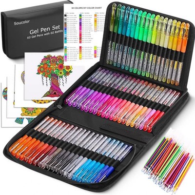 Soucolor Glitter Gel Pens for Adult Coloring Books, 120 Pack-60 Glitter Pens, 60
