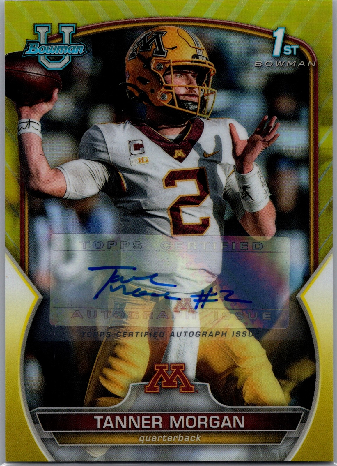 2022 Bowman University Chrome #11 Tanner Morgan Auto Yellow Refractor RC /75