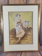 Original Pastel Painting Meerkats – Signed M S Walker – Framed Wildlife Art