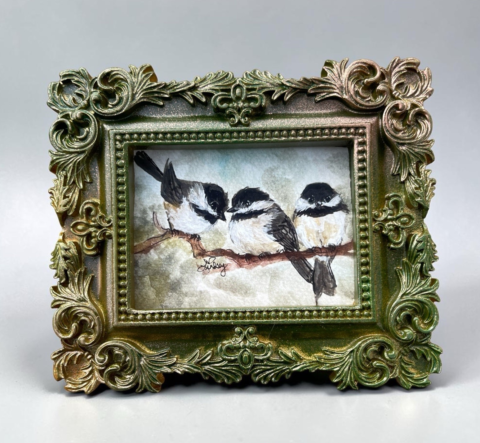 “Chickadee Party of Three” mini watercolor bird print • vintage ornate frame