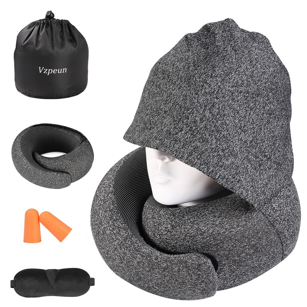 Hooded Memory Foam Travel Neck Pillow for Airplane Comfort