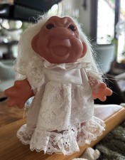 Rare Vintage 1986 DAM TROLL Bride w/ White Dress and White Hair open Mouth