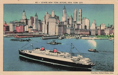 1940 Lower New York Skyline Linen Postcard - United States Lines Ship