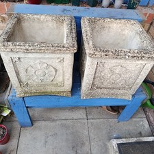 2 X Vintage Paul 1985 Concrete Garden Planters Square Stone Effect Outdoor Pots