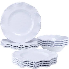 12-Piece White Beaded Melamine Dinnerware Set - Chip-Resistant Plates Bowls, ...