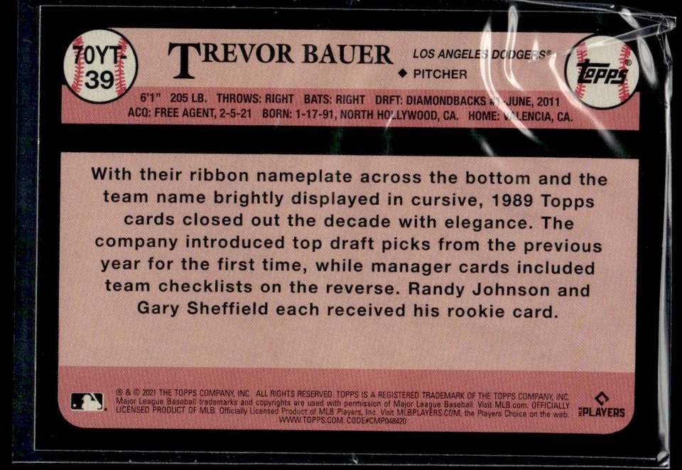 2021 Topps 1989 Trevor Bauer Los Angeles Dodgers #70YT-39 - Image 2 of 2