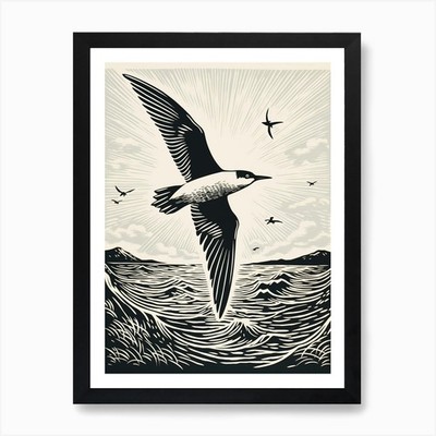 B&W Vogel Linolschnitt Gemeine Seeschwalbe 3 Kunst gerahmt Wandbild Poster Leinwanddruck Bild