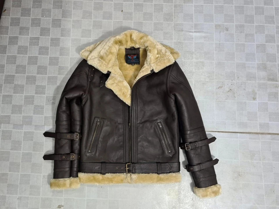 Women s RAF B3 Bomber Real Sheep Leather Jacket Aviator Flying Fur Double Collar - Image 3 of 4