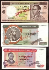 ZAIRE 1967 - 1973 3 UNC BANKNOTES SPECIMEN 100K, 50K & ONE ZAIRE.   A650