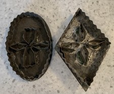 (2) Antique Folk Art Tin Cookie Cutters, Double Tulip Oval & Diamond, Germany