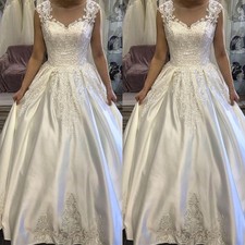 Elegant Wedding Dresses Scoop Neck Lace Sleeveless Satin Train Bridal Gowns