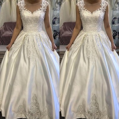 Elegant Wedding Dresses Scoop Neck Lace Sleeveless Satin Train Bridal Gowns