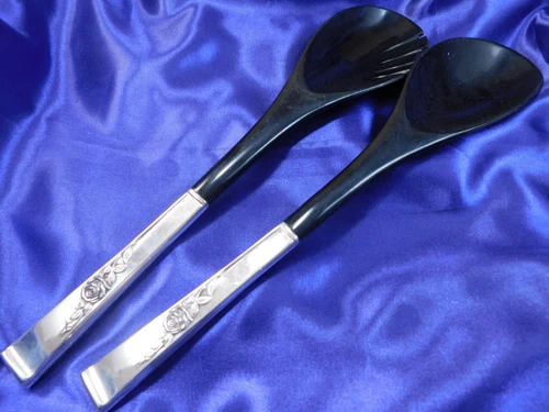 REED & BARTON CLASSIC ROSE STERLING SILVER SALAD SERVERS - VERY GOOD CONDITION