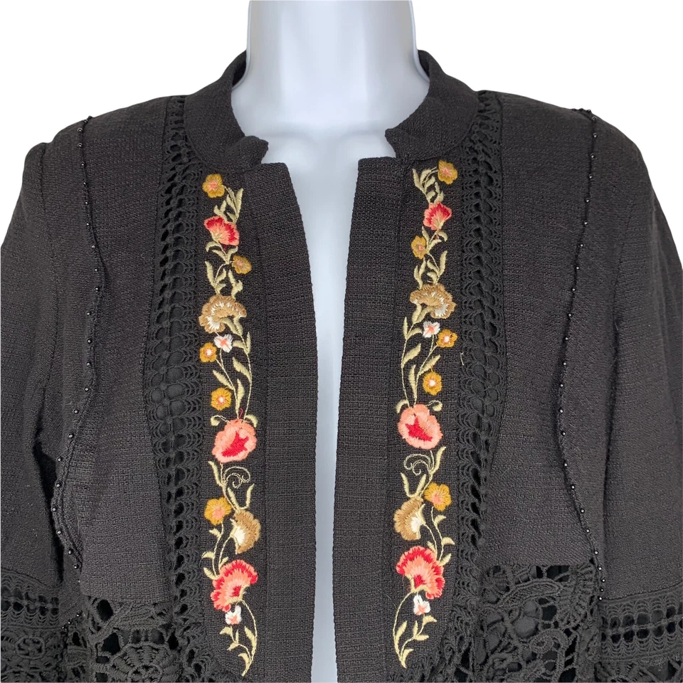 Blazer Chicos Talla 1 Mediano Pequeño Bordado Tejido Encaje Frente Abierto Algodón BOHO Foto 2 de 4