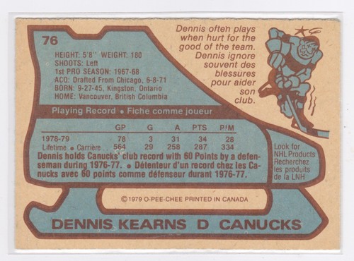 1979 O-Pee-Chee Hockey - Dennis Kearns #76 - EX - Picture 2 of 2
