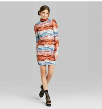 Wild Fable Women's Long Sleeve Ruched Mesh Bodycon Tie Dye Dress Size XS