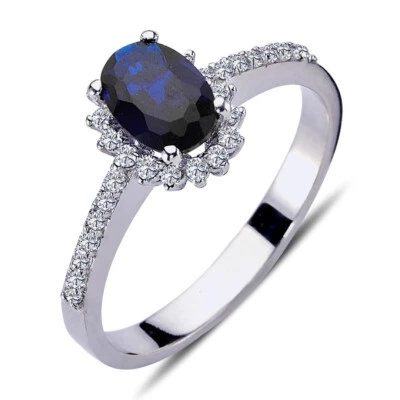 Halo Diamant Oval Saphir Entourage Ring 14 Karat Weißgold - Bild 1 von 3