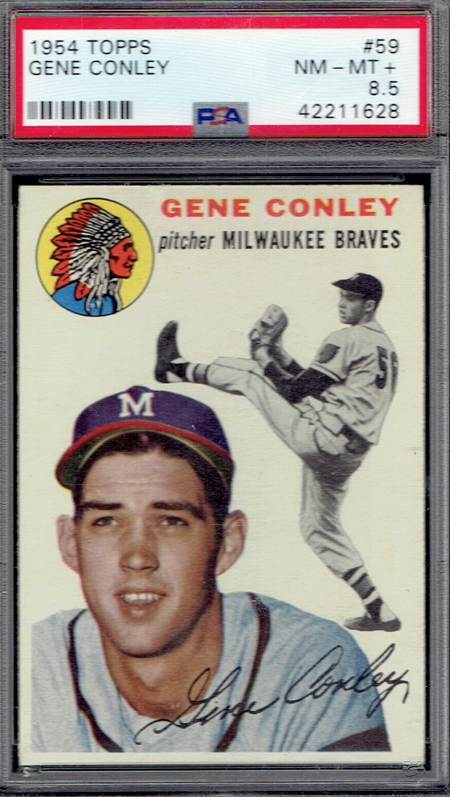 1954 Topps 59 Gene Conley.  PSA 8 .5 NMMT+.  POP. 4 w/ 4 higher.  (TX1628-C).