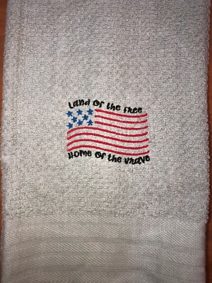 Embroidered Gray Kitchen Hand Towel Land of the Free Home of the Brave Flag 