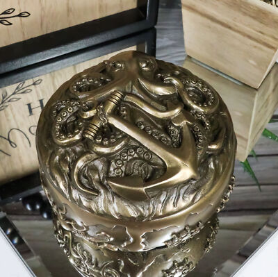 Nautical Kraken Octopus With Ship Anchor Decorative Jewelry Box Figurine 4''Diam