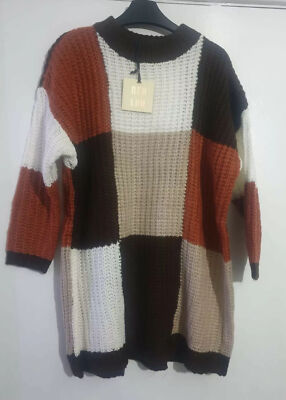 QED London Oversized crew neck knitted jumper in colourblock Comb-Brown/size M-L