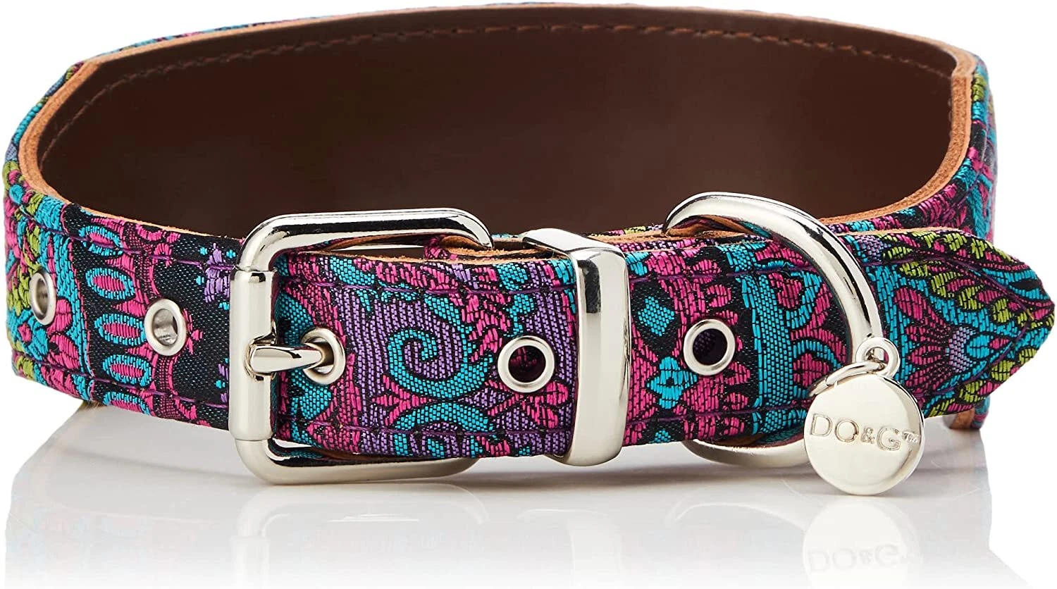 DO&G Dog Leather Collar Strong Oriental Silks Paisley Style