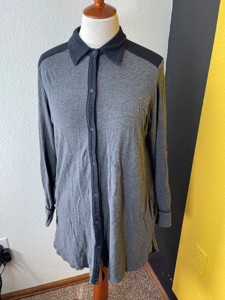 Camisa Vera Wang Mujer Mediana Dormir Gris Negro Botón Lados Divididos Foto 3 de 4