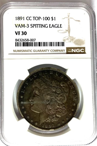 1891 CC $1 Morgan Silver One Dollar VF30 NGC Carson City VAM 3 Spitting Eagle