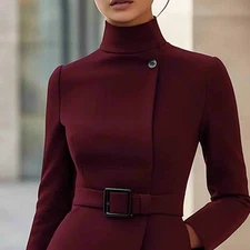 Elegant Women's Stand Collar Long Sleeve Belted Midi Dress Office Formal US Stoc